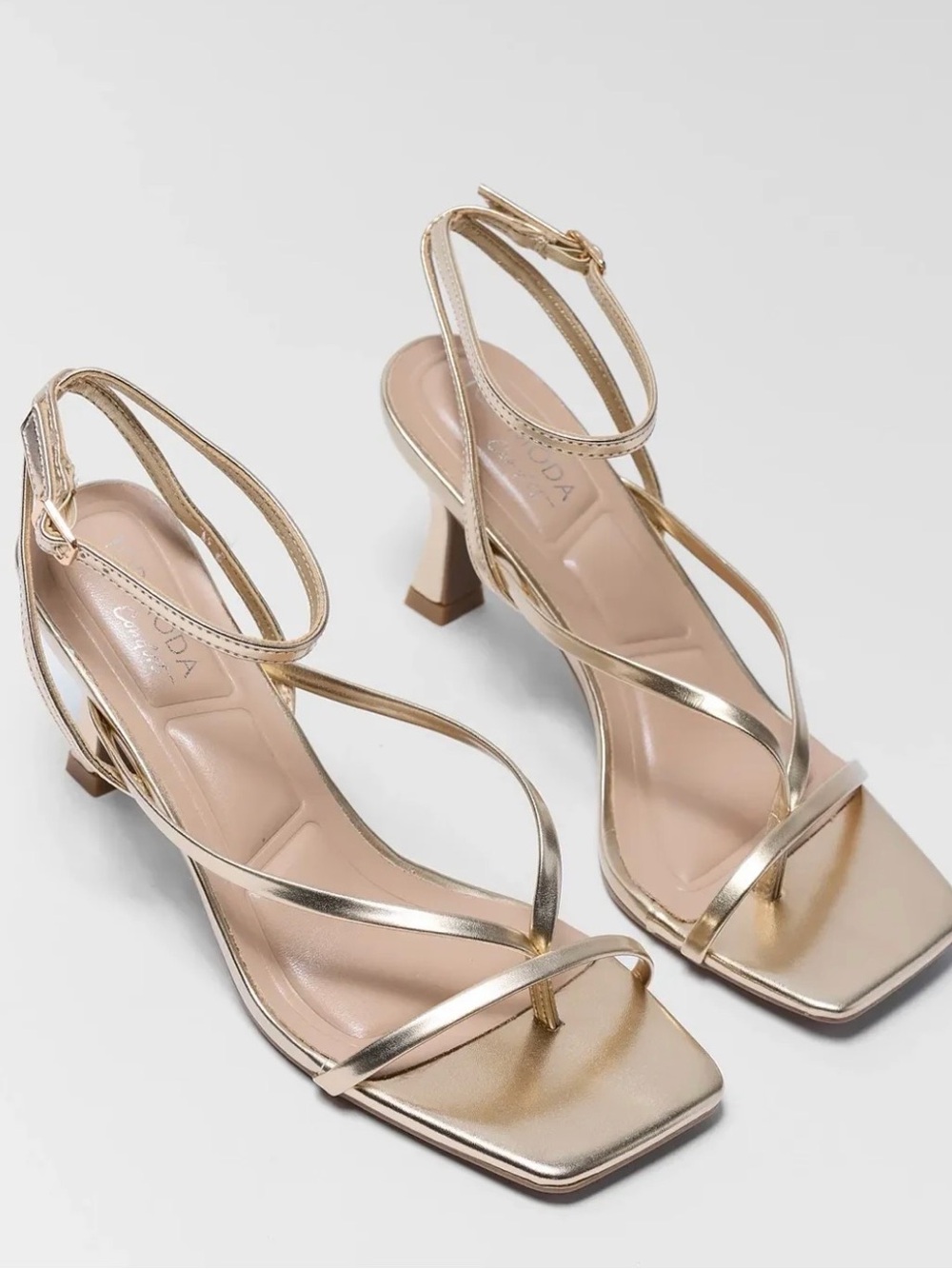 Strappy Metallic Gold Mid-Heel Sandals with Ankle Strap